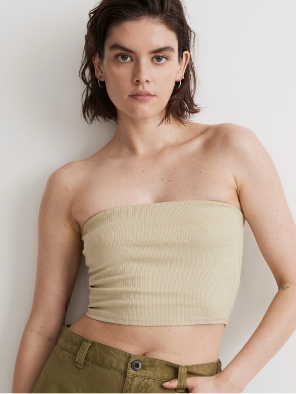 Madewell Crop Tube Top in Sleekhold, Pale Lichen, Size Medium, Item NL400